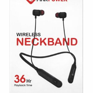 MakPower Wireless Neckband with black design, magnetic earbuds, 36 hours playback time, Bluetooth v5.3, long-lasting battery.