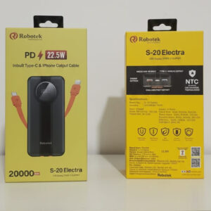 Robotek S-20 Electra 20000mAh PD 22.5W Power Bank with inbuilt Type-C and iPhone cable and LED display
