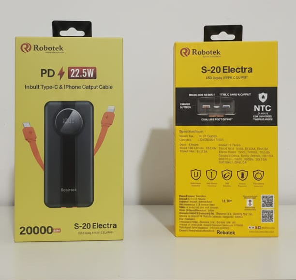 Robotek S-20 Electra 20000mAh PD 22.5W Power Bank with inbuilt Type-C and iPhone cable and LED display