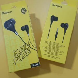 Robotek Y-31 wired in-ear earphone yellow box packaging with deep bass design