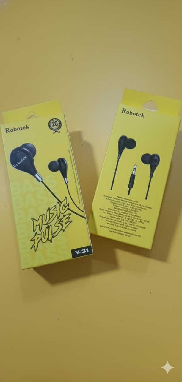 Robotek Y-31 wired in-ear earphone yellow box packaging with deep bass design