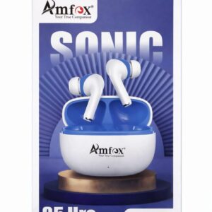 Amfox Sonic wireless earbuds with blue charging case showing premium design and 35 hours playtime packaging