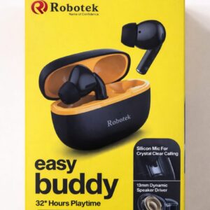 Robotek Easy Buddy true wireless earbuds with black and yellow charging case, 32 hours battery backup, 13mm dynamic driver, crystal clear calling.